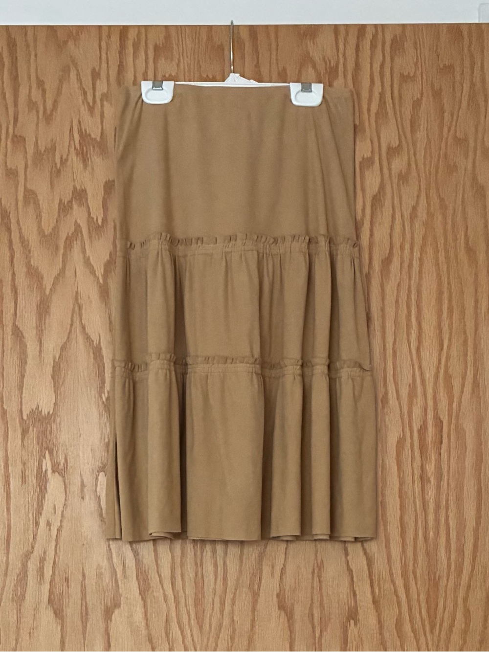 Necessary Objects Camel Tiered Faux Suede Midi Skirt